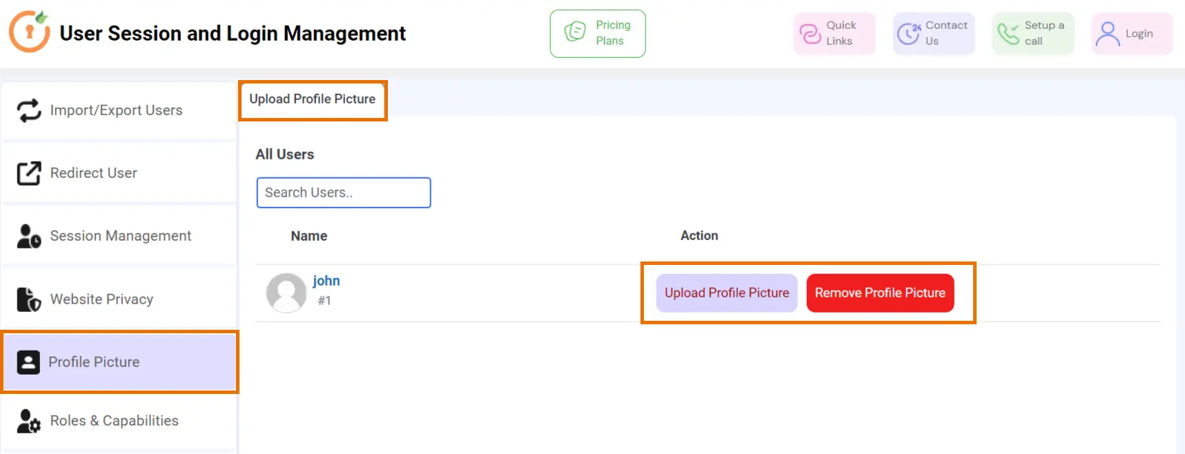 User session and login management Update Profile Picture