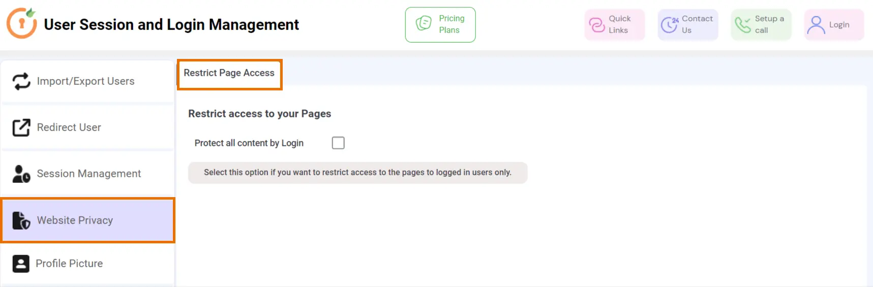 User session and login management website privacy restrict page access