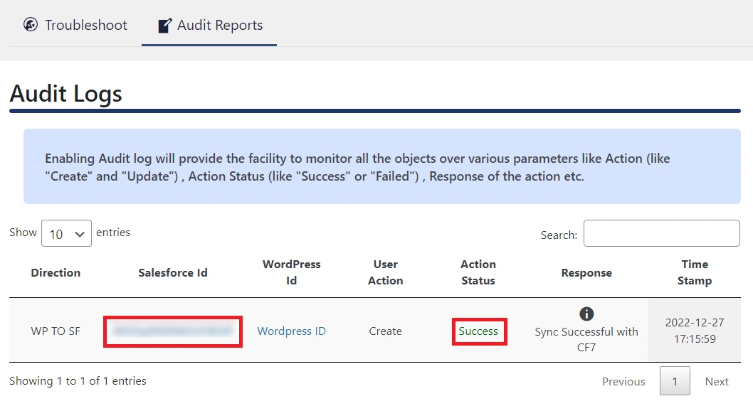 Contact Form 7 Salesforce Integration - Audit Log Table