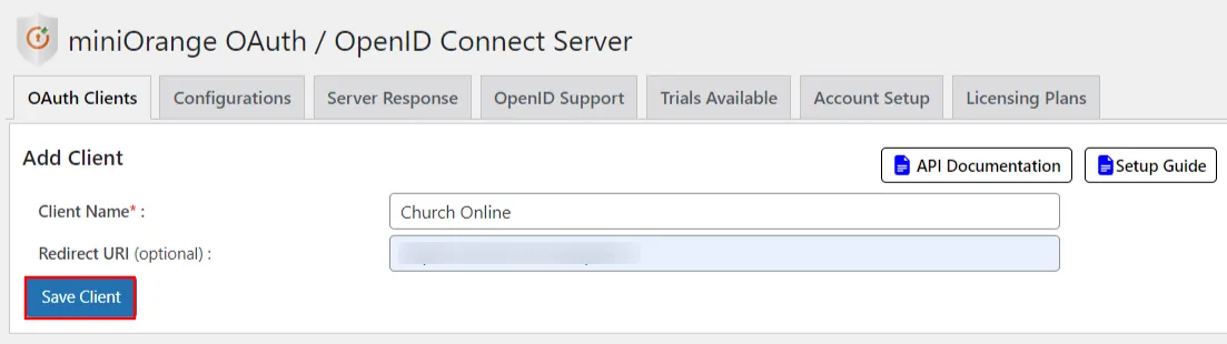 OAuth server Single Sign-On(SSO)WordPress- Church Online Authorized Redirect URI 