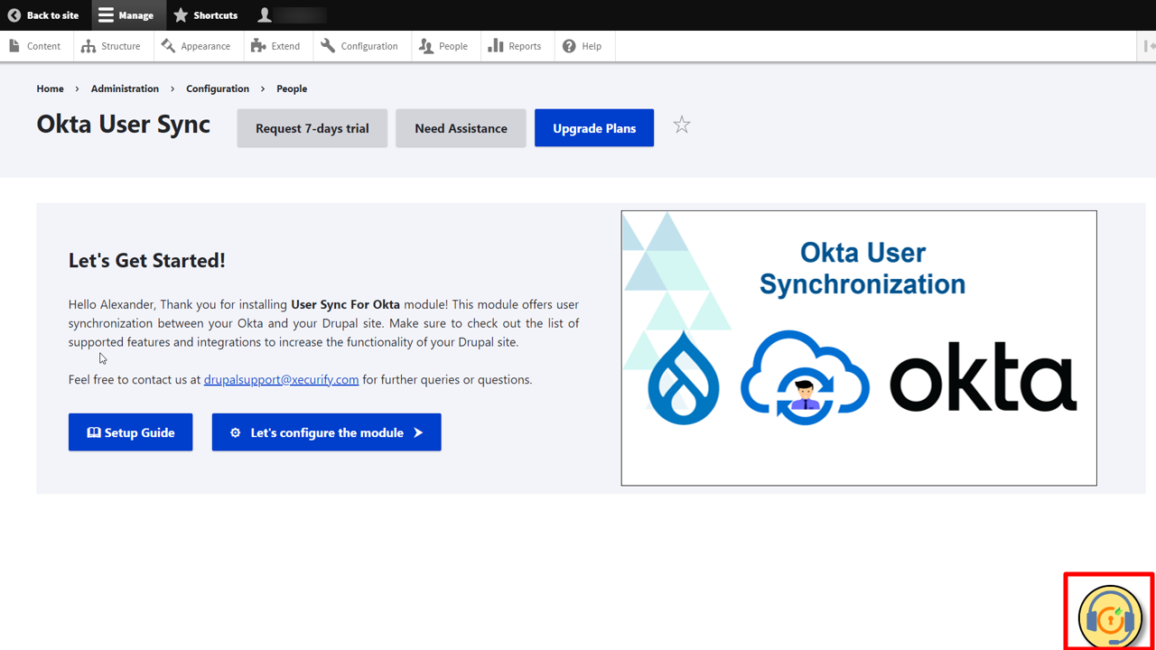 drupal okta user provisioning and sync - click on miniorange support icon