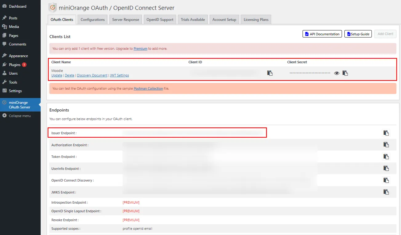 OAuth server Single Sign-On(SSO)WordPress- Moodle client credentials