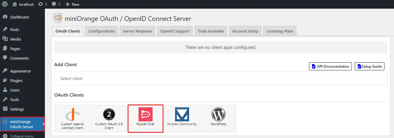 OAuth server Single Sign-On(SSO)WordPress- Rocket.Chat add client