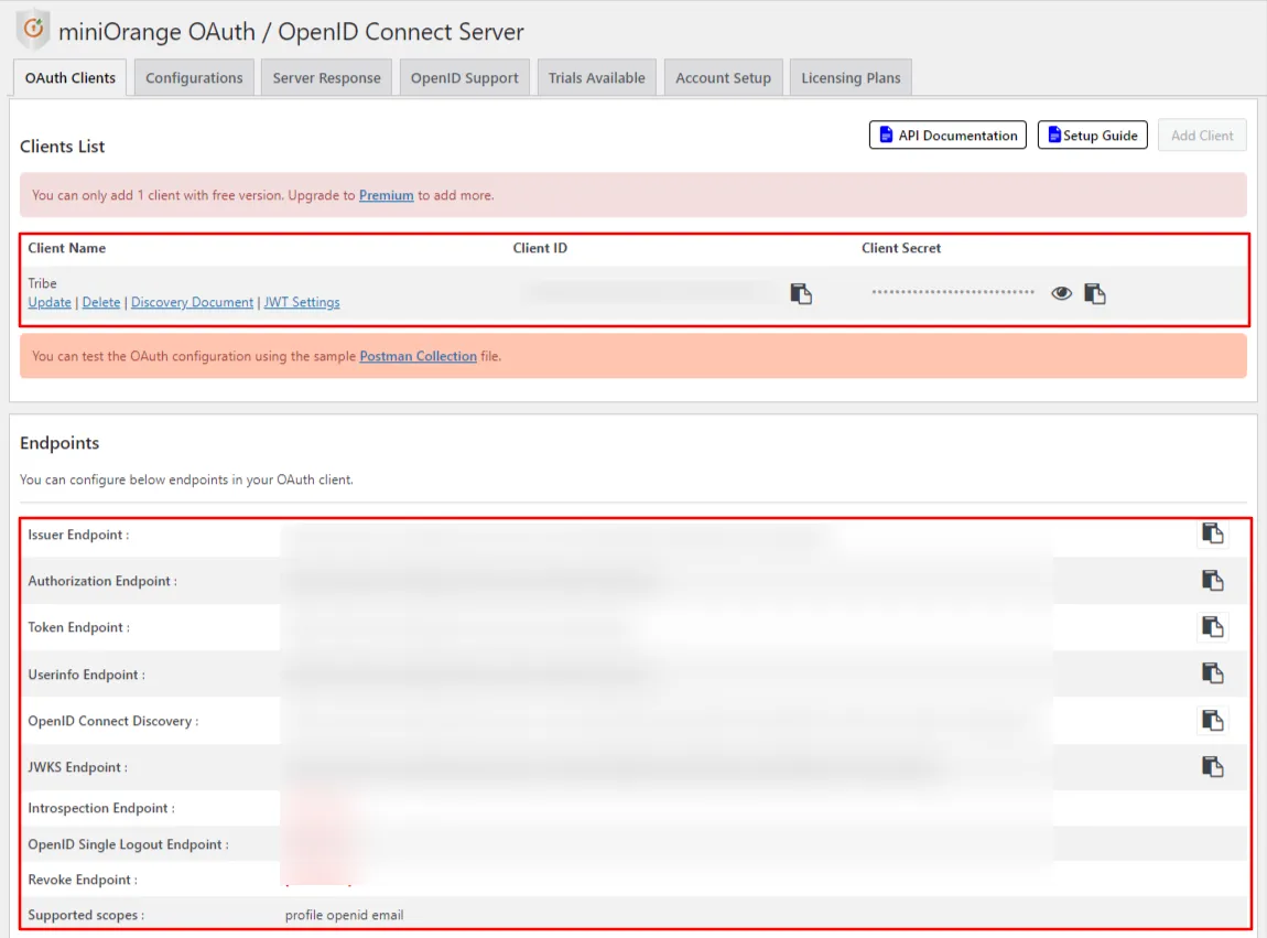 OAuth server Tribe SSO configuration