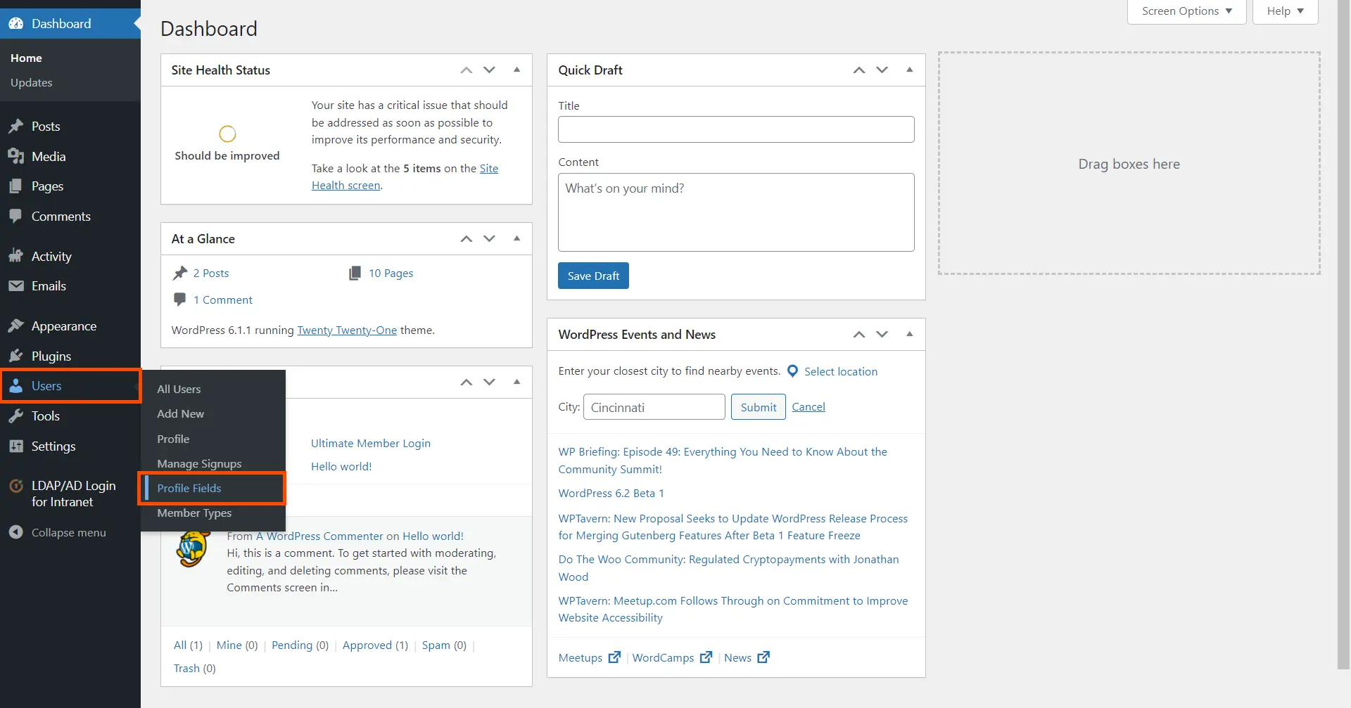BuddyPress profile integration profile fields section