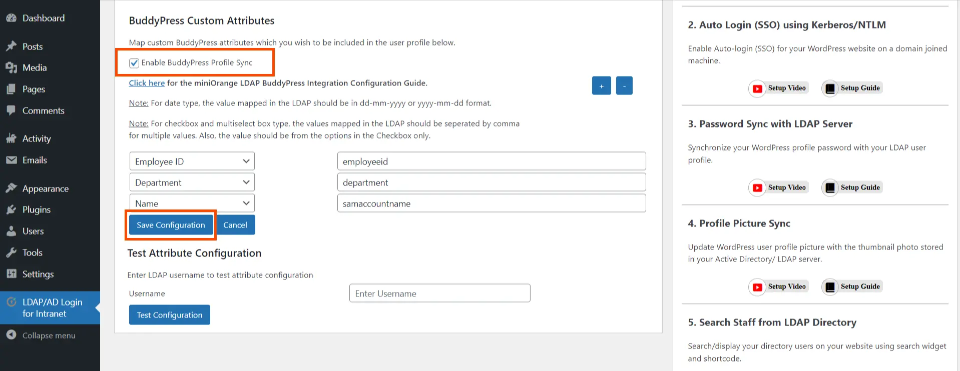 LDAP Active Directory login for intranet sites BuddyPress custom attributes configuration