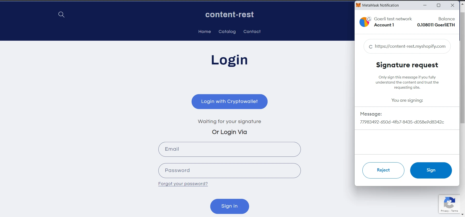 shopify content restriction application - login into metamask