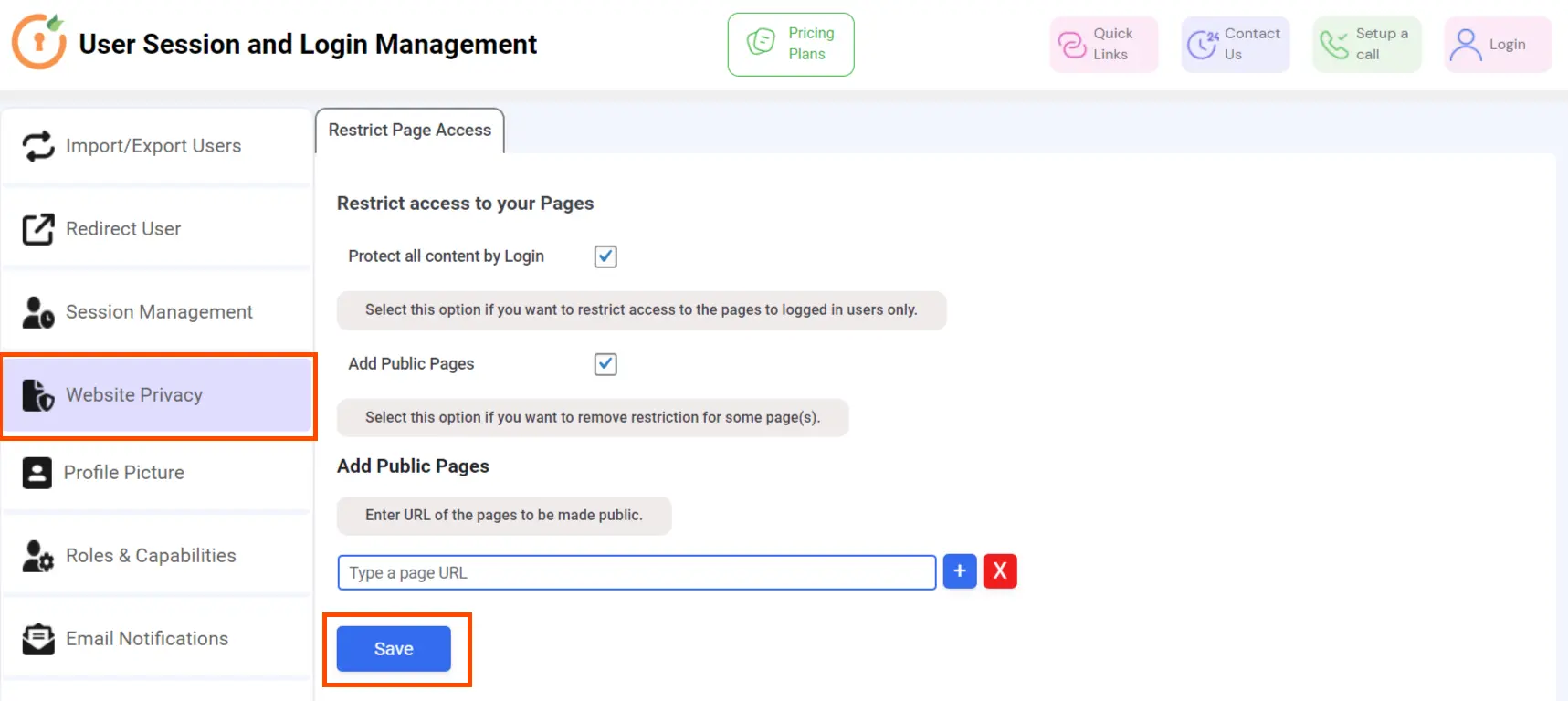 User session and login management Add public pages