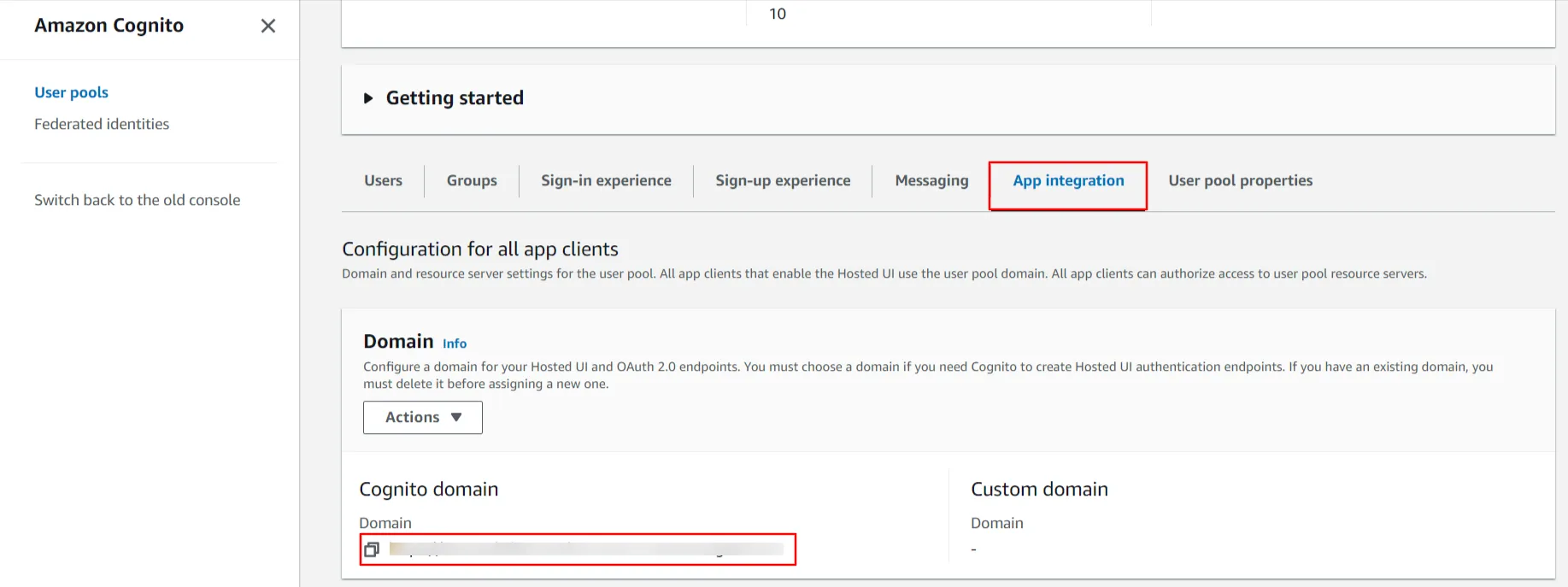 Configure nopCommerce OAuth Single Sign-On (SSO) using Cognito as IDP - app integration tab
