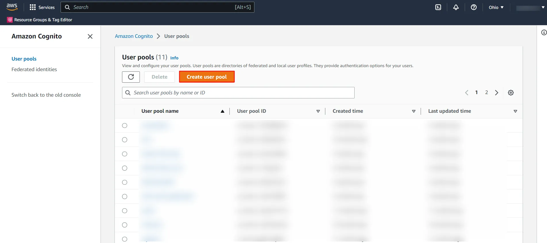 AWS Cognito Single Sign-On (SSO) - click on create user pool 