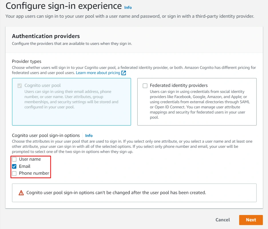 AWS Cognito Single Sign-On (SSO) - configure sign in experience 