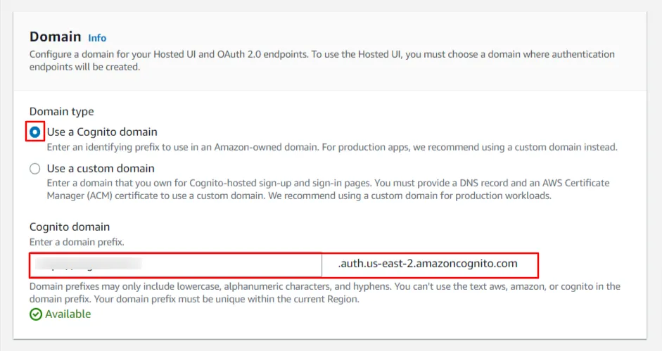 AWS Cognito Single Sign-On (SSO) -enter a domain name 