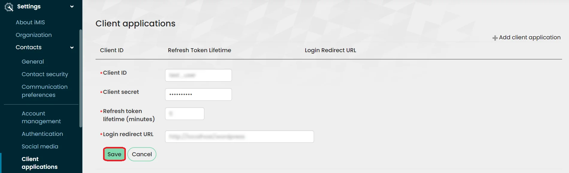 iMIS  Single Sign-On (SSO) OAuth - Add new application
