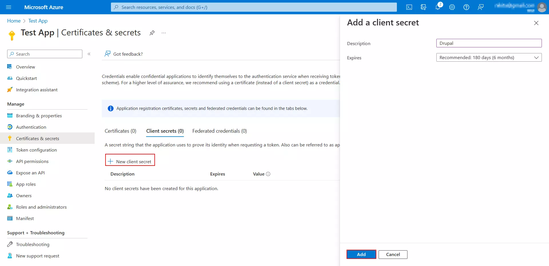 Azure AD SSO - Add a client secret and expires duration in the Add a client secret window