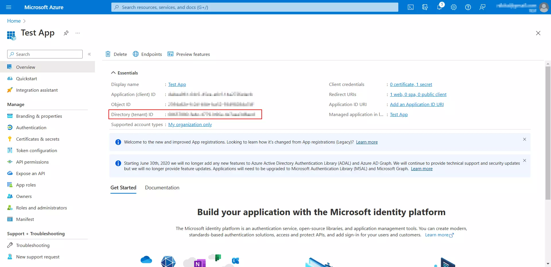 Azure AD Dashboard - copy the Directory (tenant) ID