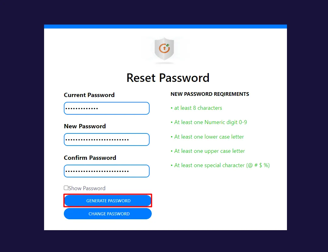 WordPress Password Security - Click generate password button