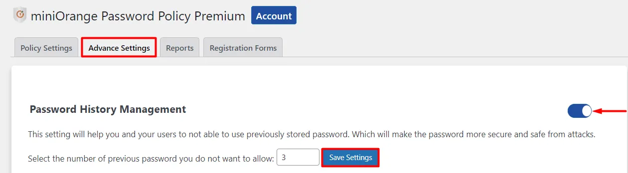 WordPress password security configuration - Advance Settings tab