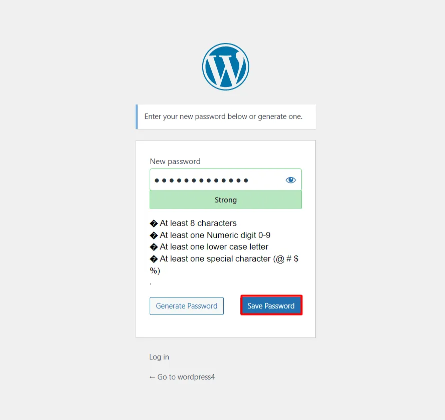 WordPress password security configuration - Click save password button