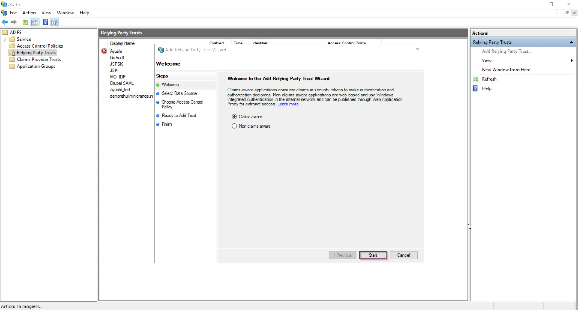 drupal saml sp click on start