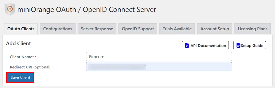 OAuth server Single Sign-On(SSO)WordPress- Pimcore Authorized Redirect URI 