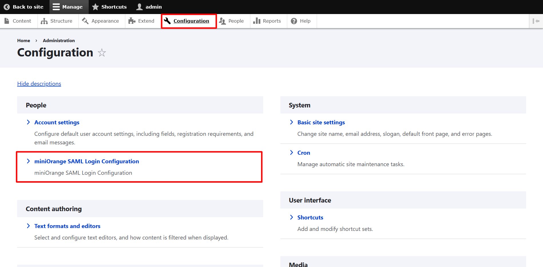drupal saml single sign on login Go to Congifuration tab