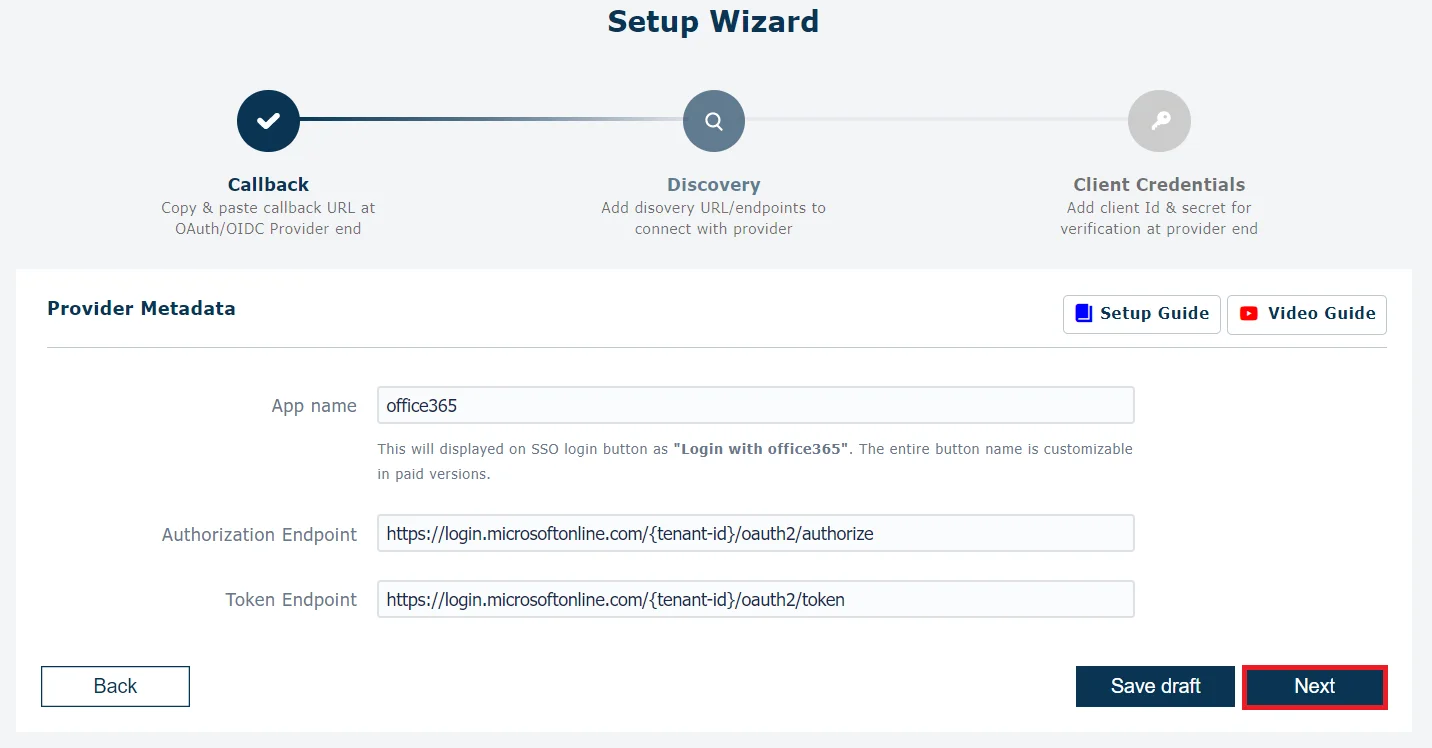 Office 365 Single Sign-On (SSO) OAuth - Add App name, TenantID
