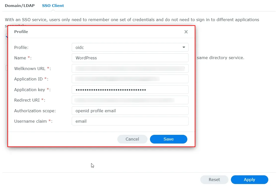OpenID server Single Sign-On(SSO)WordPress- Synology client credentials