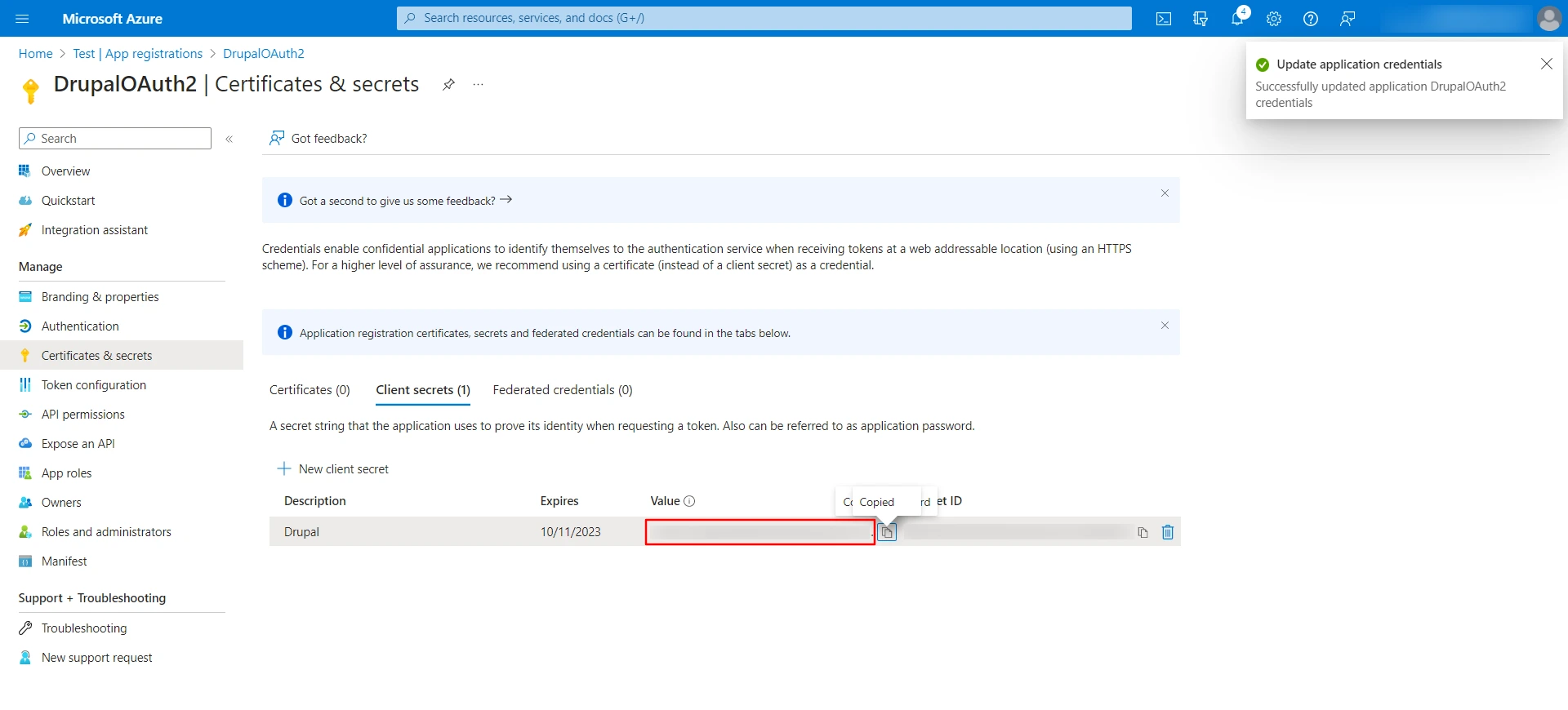 Microsoft Azure O365 - Copy client secret value