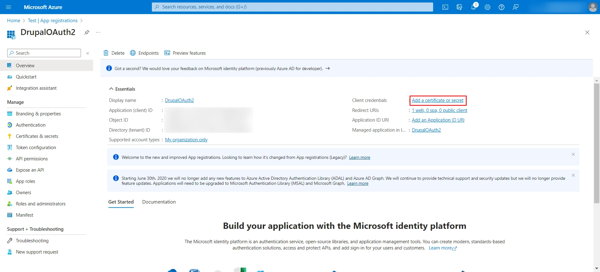 DrupalOAuth2 Microsoft Azure O365 - Add a client secret