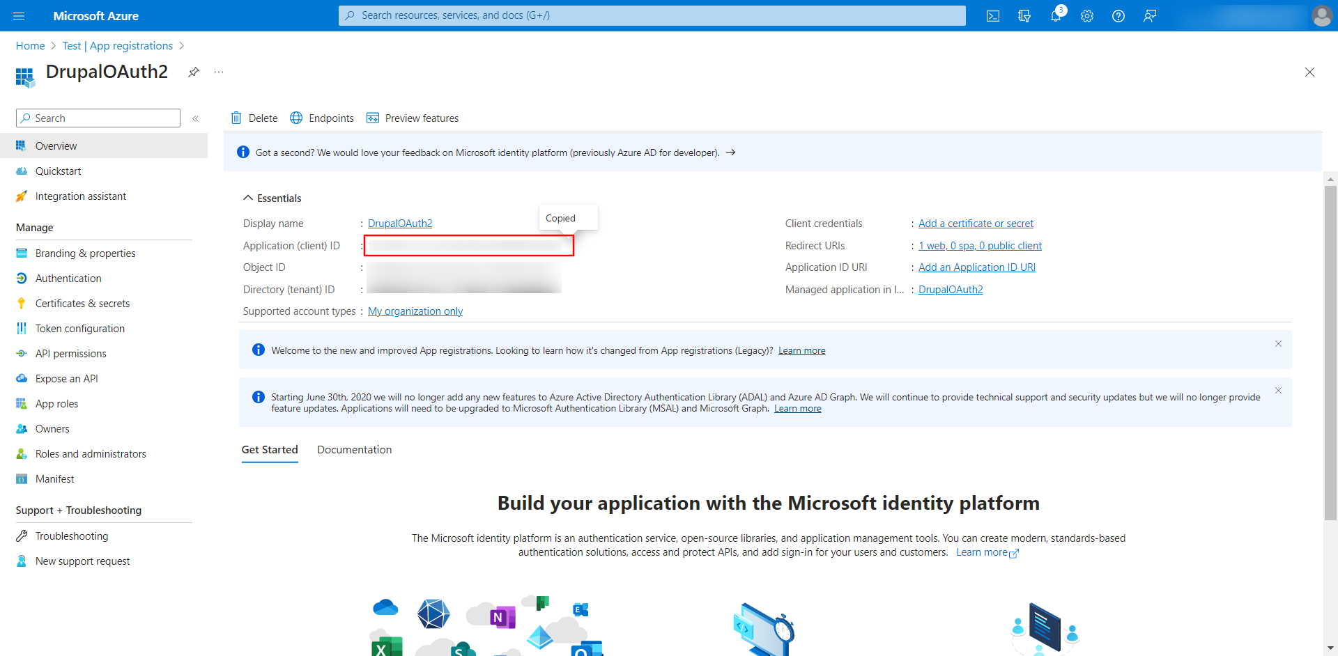 Microsoft Azure Office 365 - Copy the Application (client) ID
