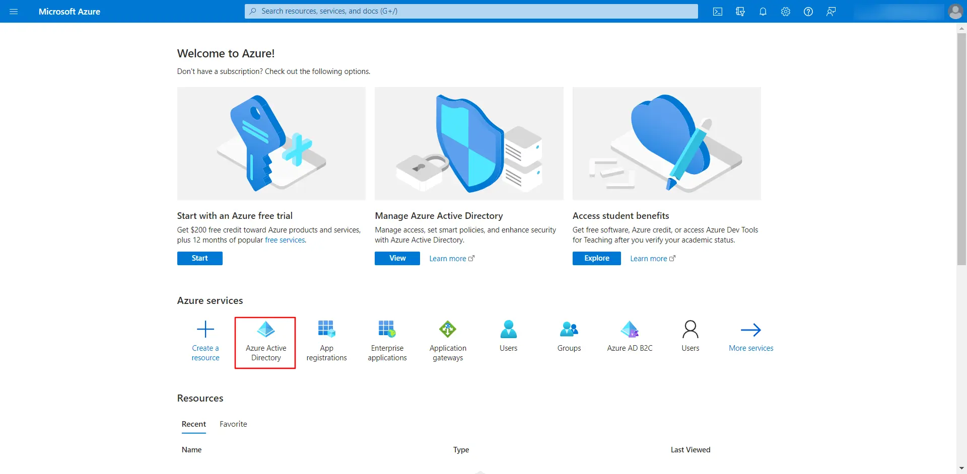 Microsoft Office 365 Azure portal - Select Azure Active Directory