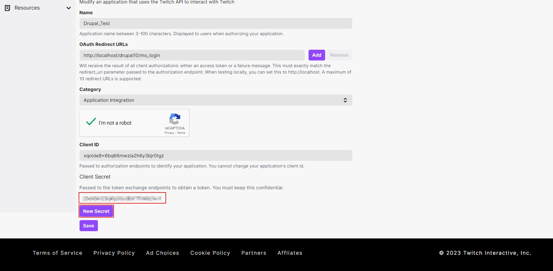 Twitch SSO Login with Drupal OAuth OpenID OIDC Single Sign On Click New Client Secret