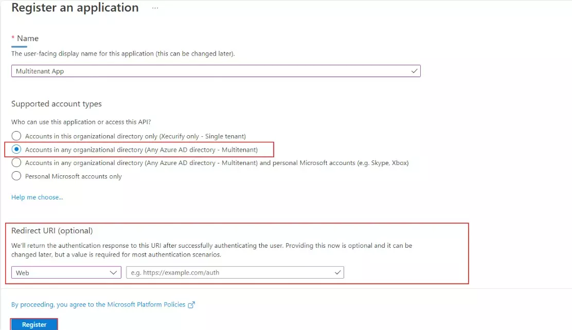 Azure AD Multi-Tenant Architecture - Choose Azure AD supported account types and Redirect URI