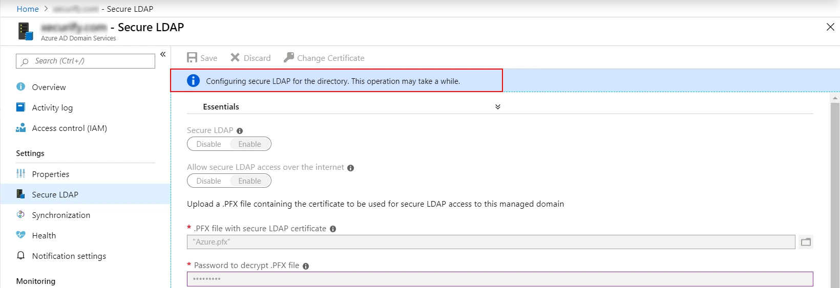 Azure AD Secure Ldap configured for the managed domain