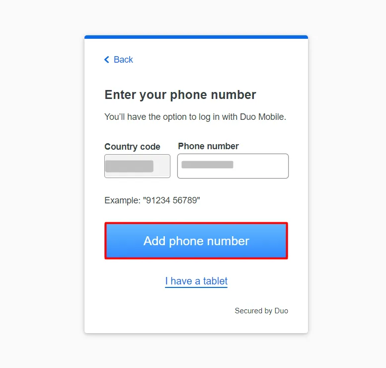 Duo Authenticator - Click Add phone number button
