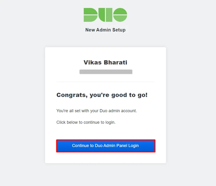 Duo Authenticator - Click continue to duo admin panel login button