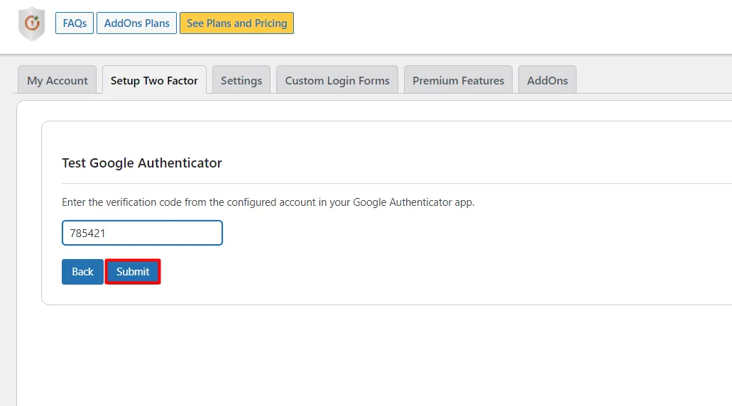 Google Authenticator plugin - click submit