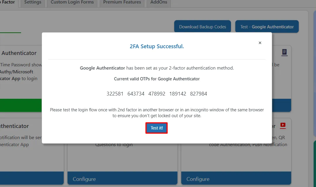 Google Authenticator setup - Two Factor method set Successfully