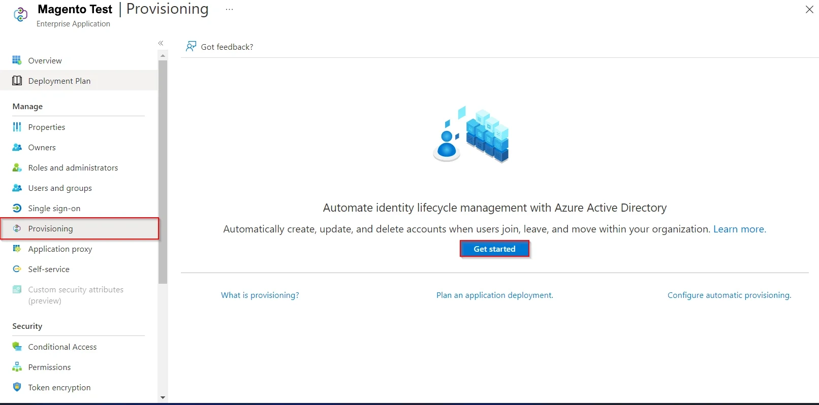 Microsoft Azure AD User Provisioning and Sync - Select provisioning tab and click on get started button