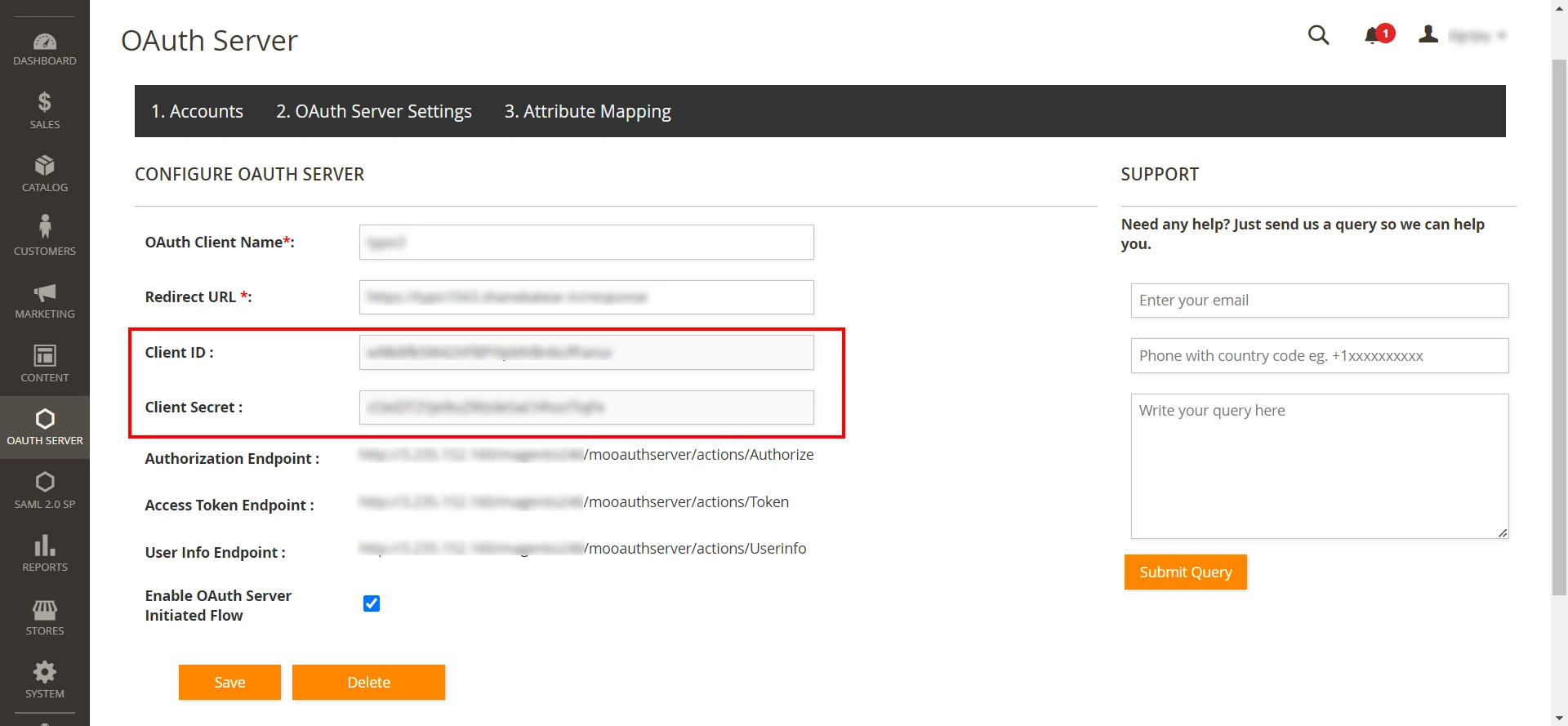 OAuth server Single Sign-On(SSO)Magento- Rocket.Chat Authorized Redirect URI 
