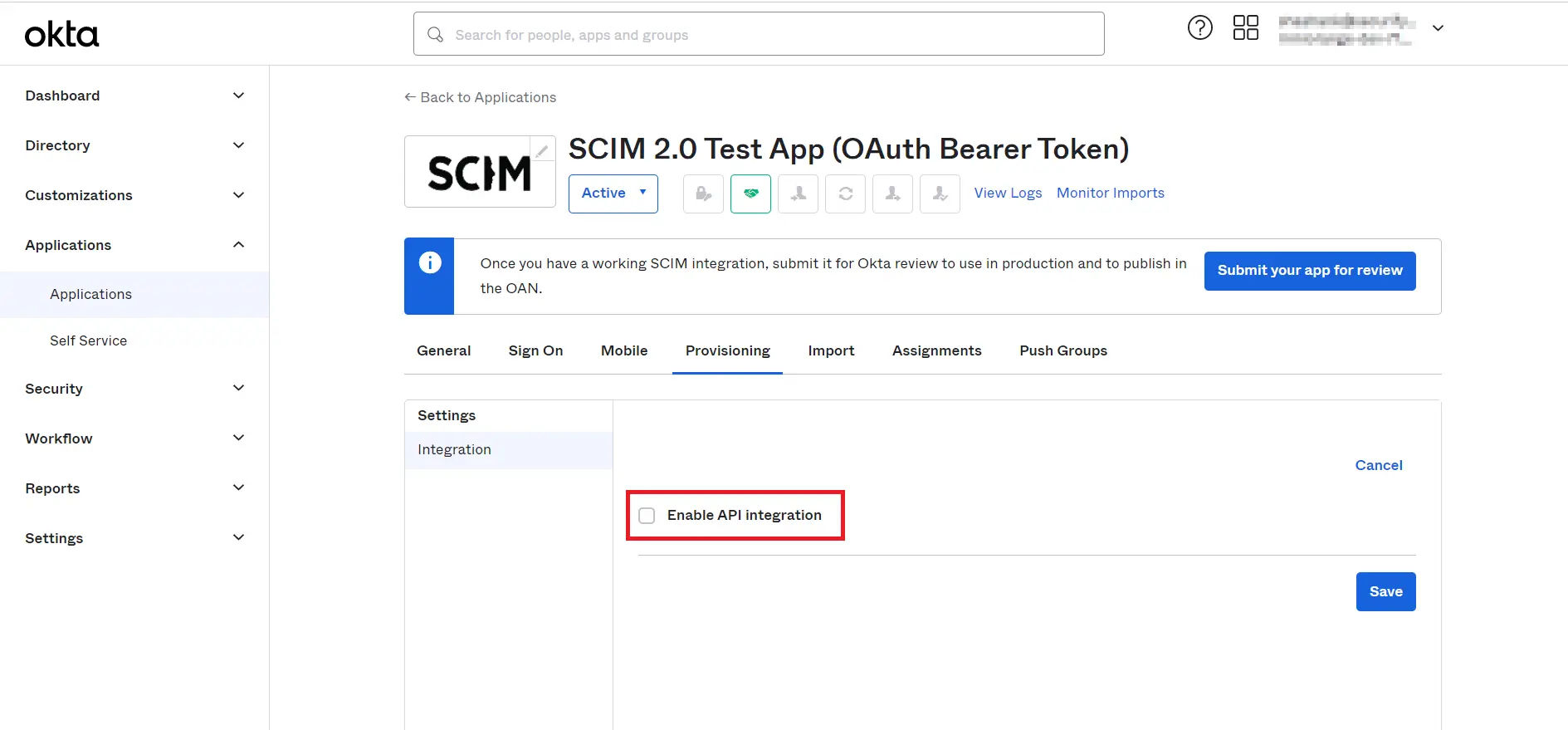 okta user provisioning and sync - click on checkbox to enable api integration
