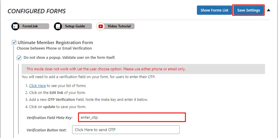 OTP Verification Ultimate Member Registration Do Not Show Popup