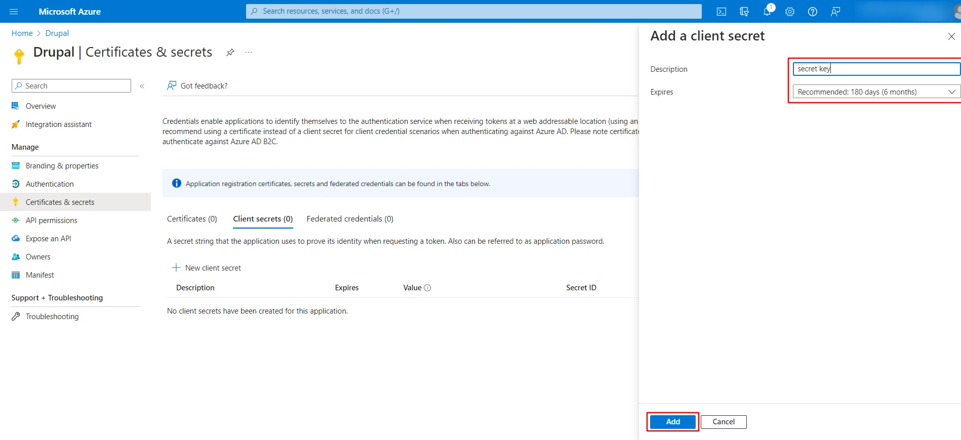Microsoft Azure - In the Add a client secret popup, enter the description and expires