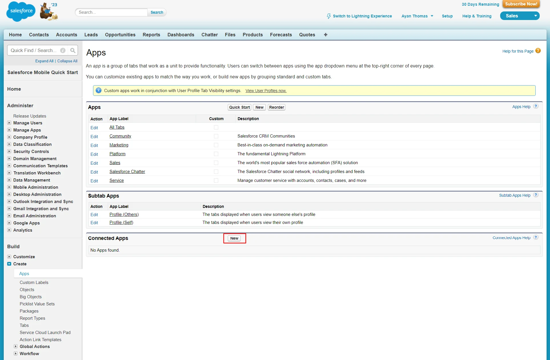Salesforce SSO - click on New button to create new application