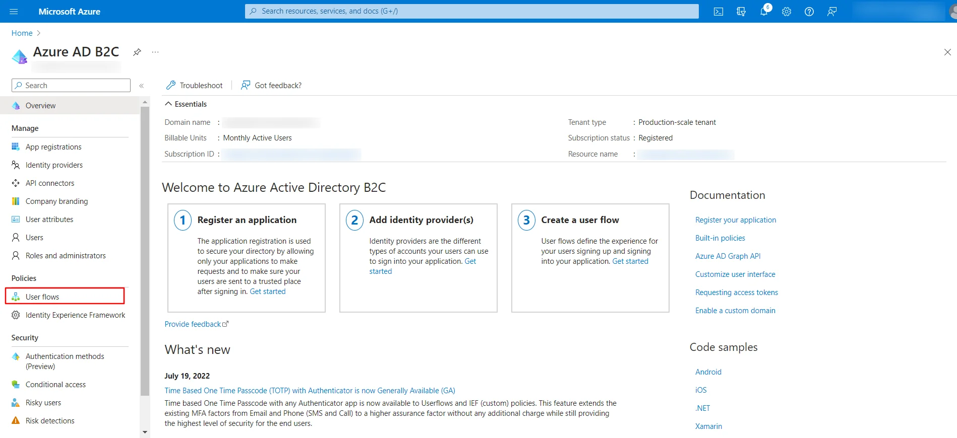 Microsoft AAD portal - select user flows option