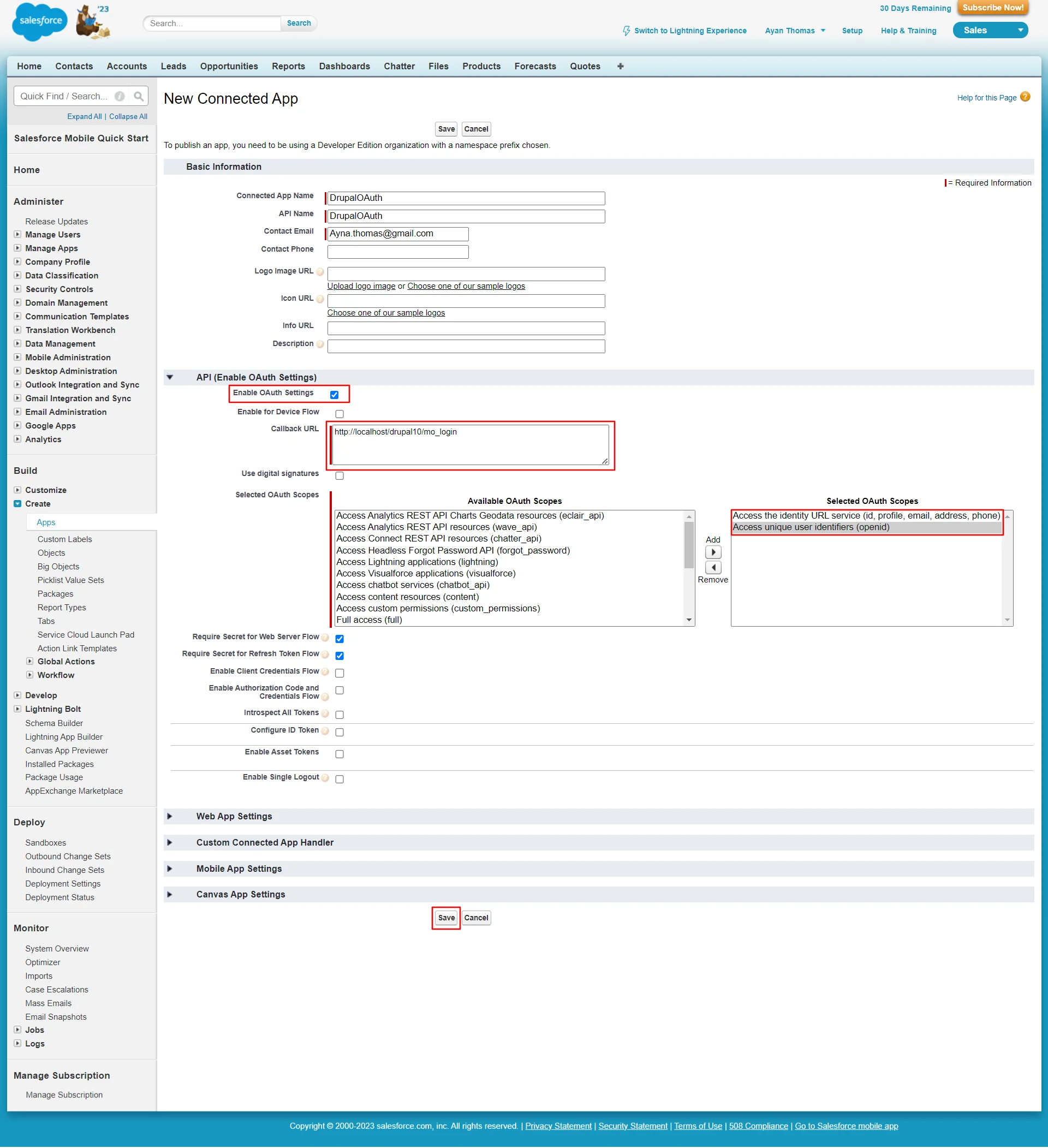 Salesforce SSO integartion - Under API (Enable OAuth Settings), enter required information