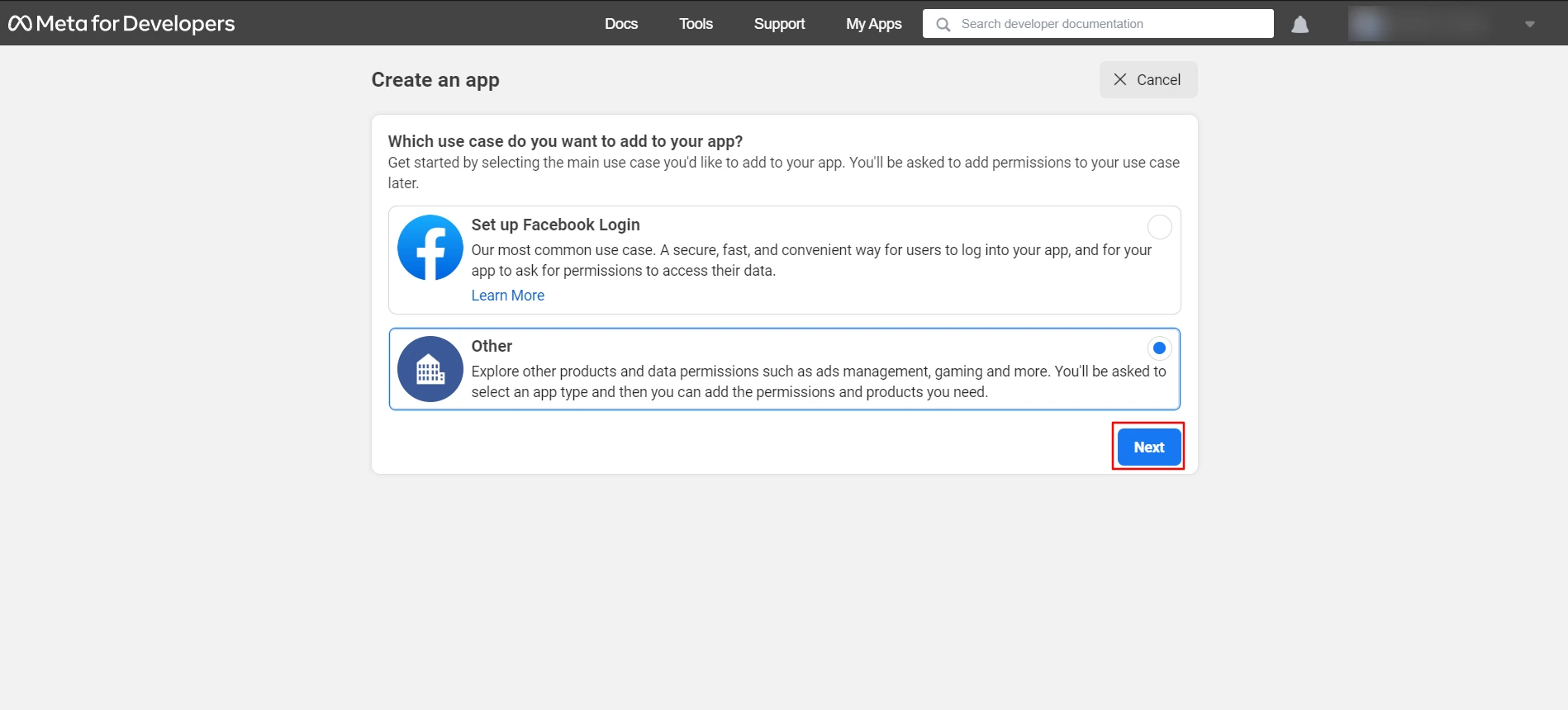 Facebook SSO create new app - Which use case do you want to add app?