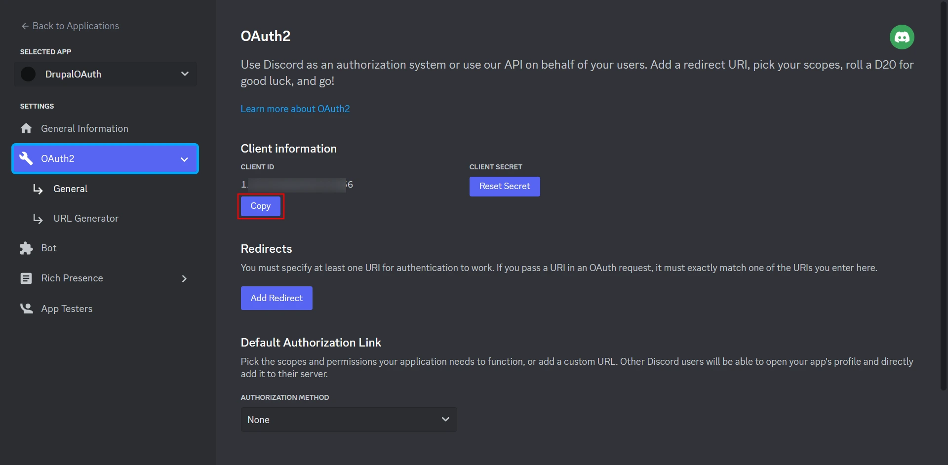 Discord SSO - OAuth2 Copy Client ID 