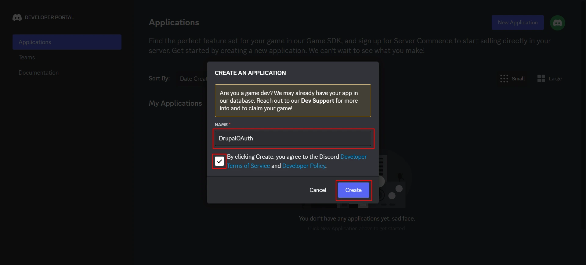 Discord SSO Login console Enter name of the Application