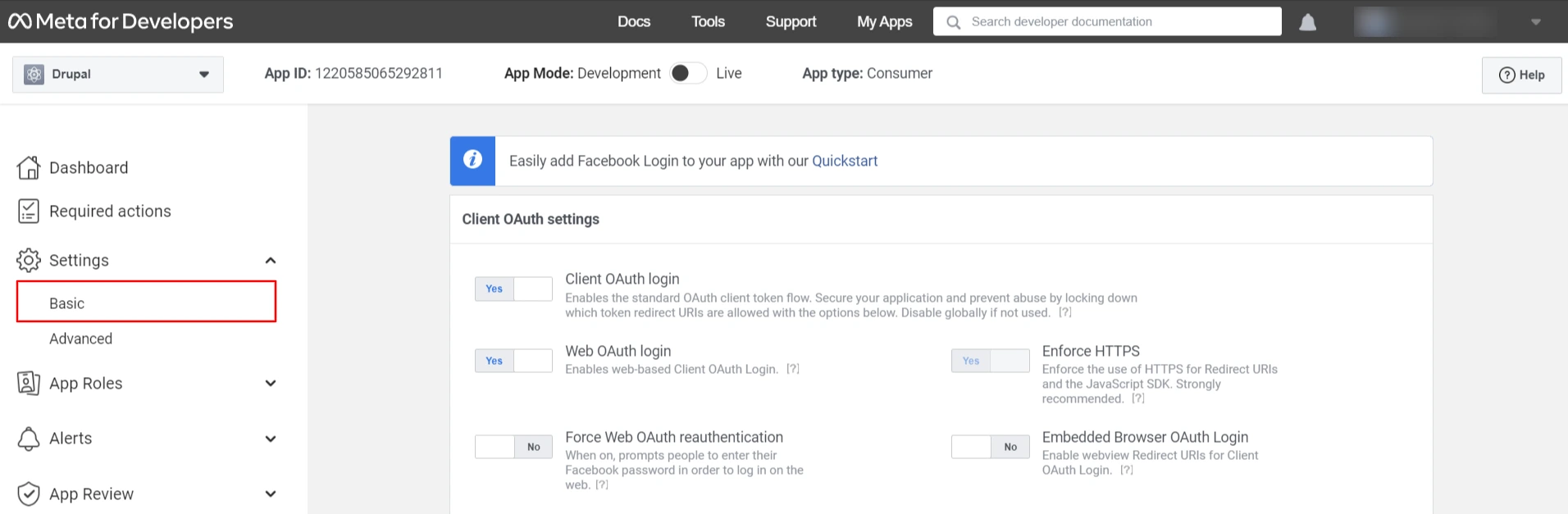 Facebook SSO login - from left side click on settings then basic